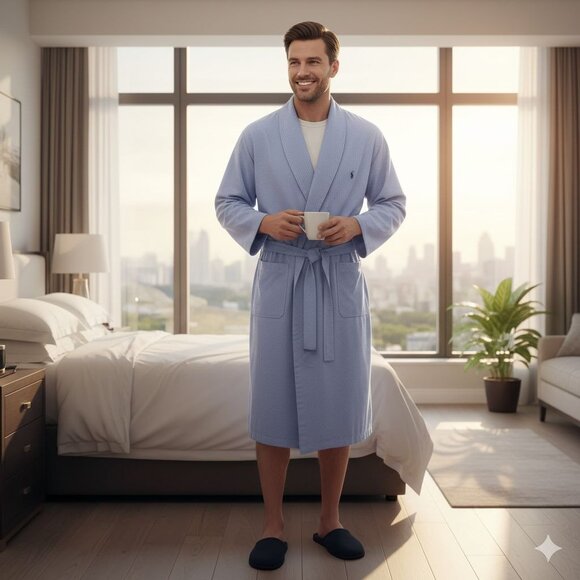 Polo Ralph Lauren Blue Checkered 100% Cotton Shawl Collar Robe Pockets Size S/M - Picture 4 of 7